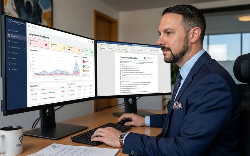 Professional team reviewing GBP suspension details on multiple monitors