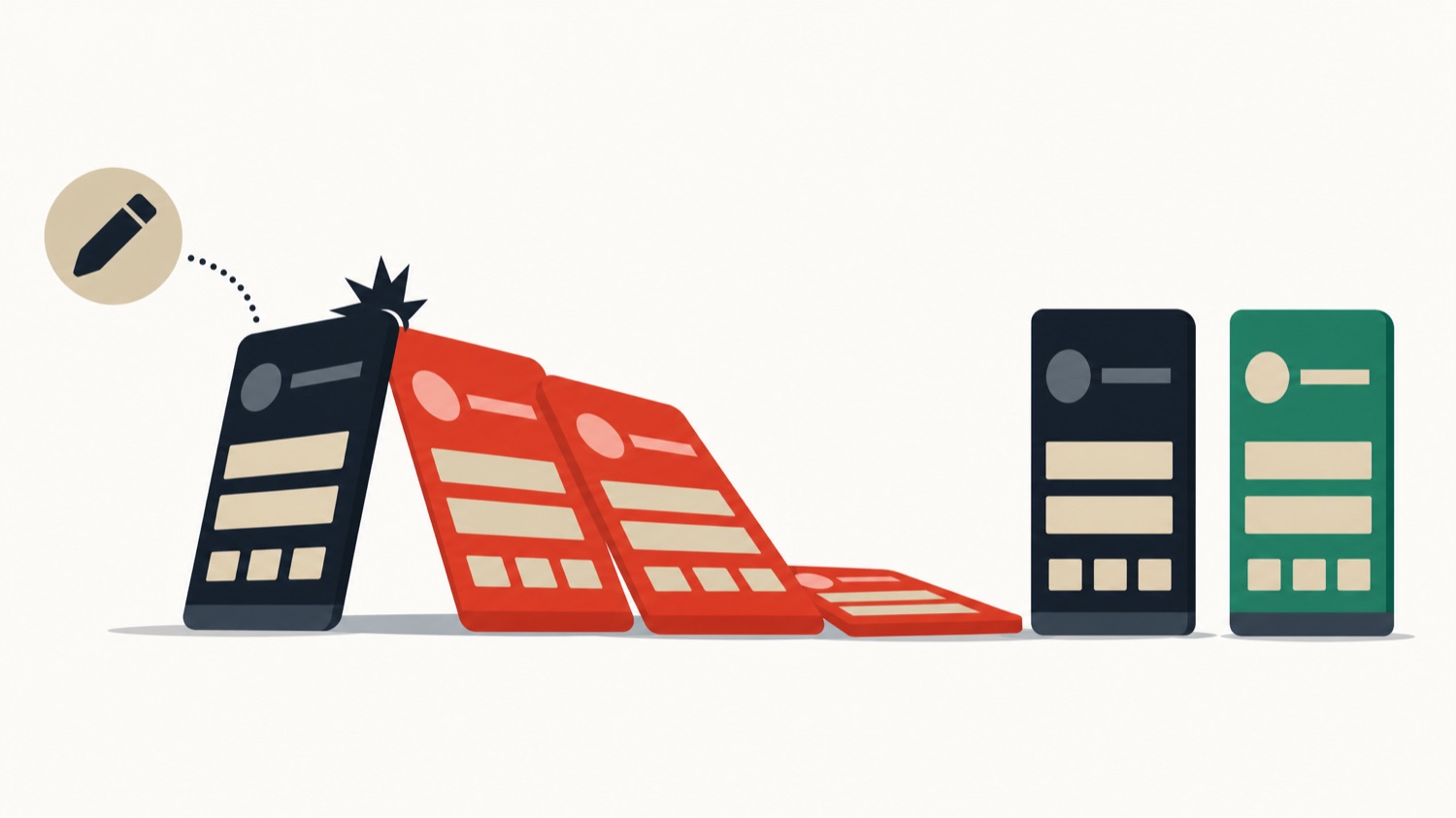 Flat illustration of one bulk edit toppling several account cards like dominoes, three turning red