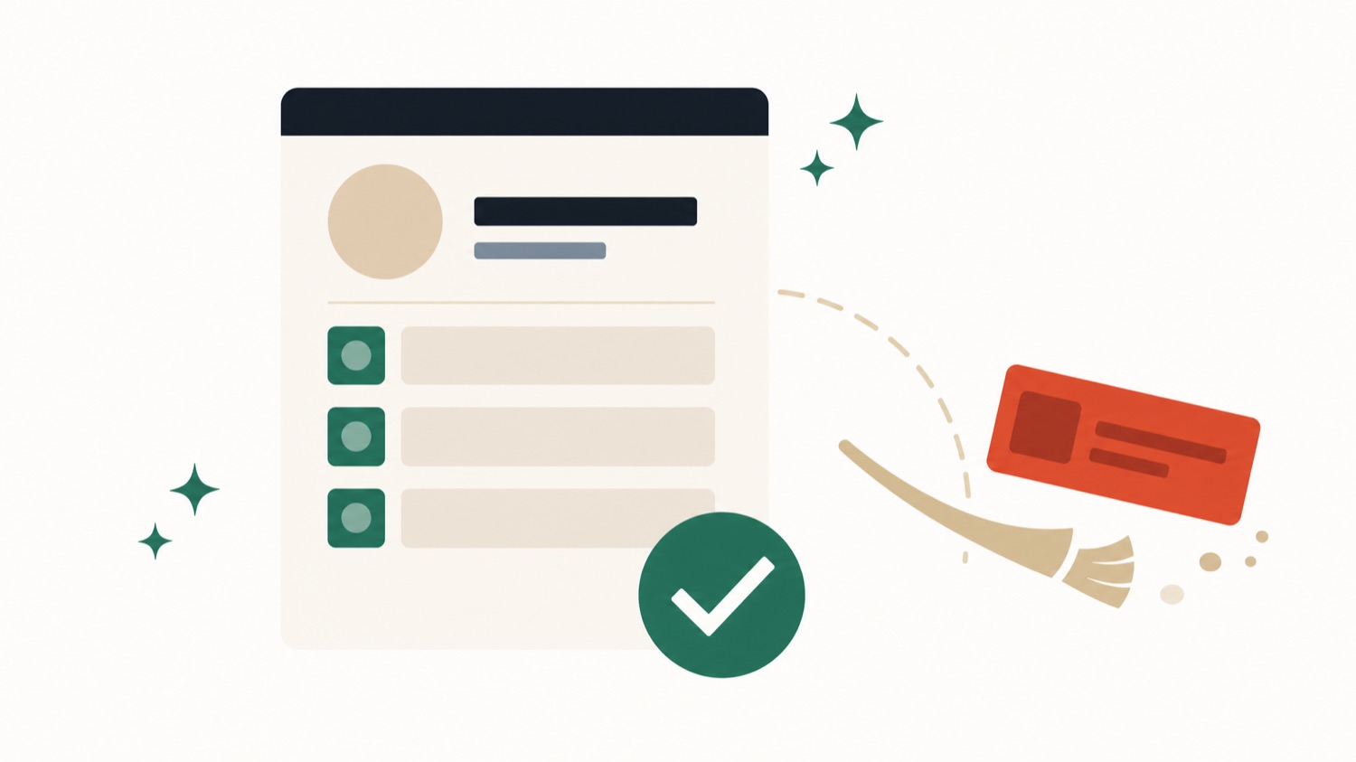 Flat illustration of a business profile card cleaned of deceptive elements and restored to a compliant state