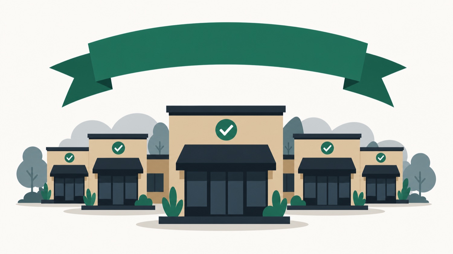 Flat illustration of several matching franchise locations under one unified brand banner, each verified