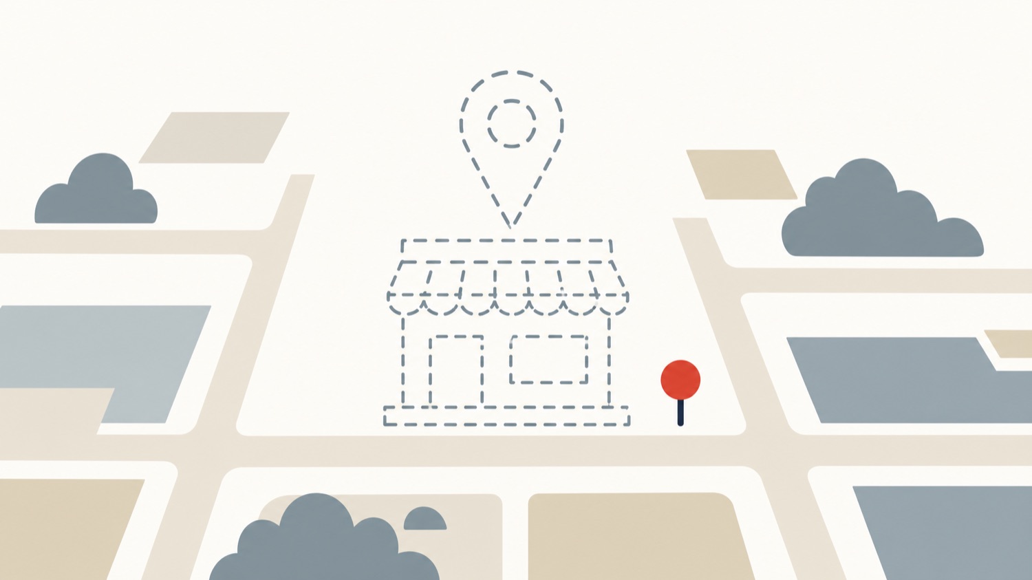 Flat illustration of a storefront and map pin faded to dashed outlines, showing a listing removed from the map