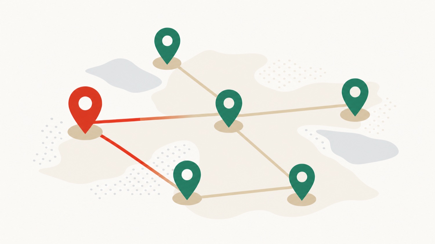 Flat illustration of a network of location pins where a red suspension risk spreads along the connectors from one site