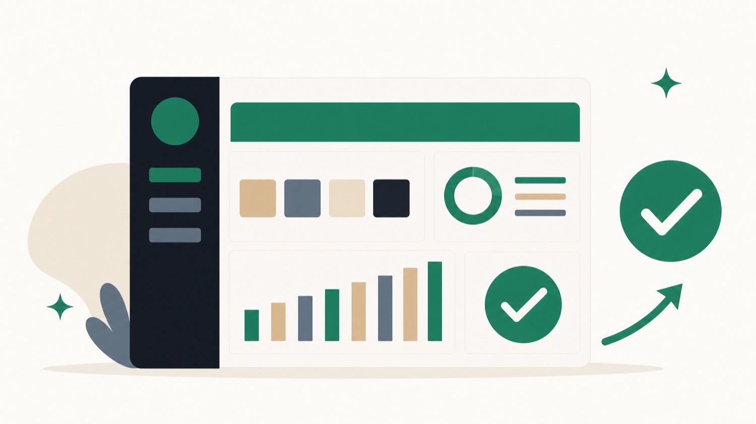 Flat illustration of a business profile healthy and fully restored after reinstatement, with a green check and a rising trend