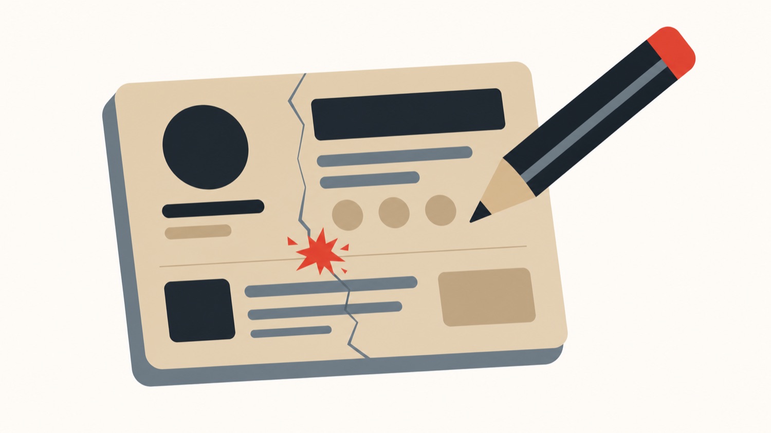 Flat illustration of a profile card being edited, a risky change causing a red warning spark and a hairline crack