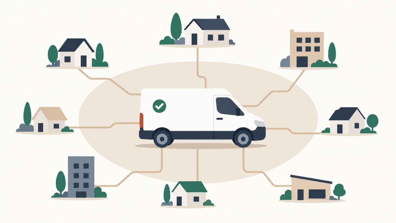 Flat illustration of a branded work van representing a service area business operating from a vehicle
