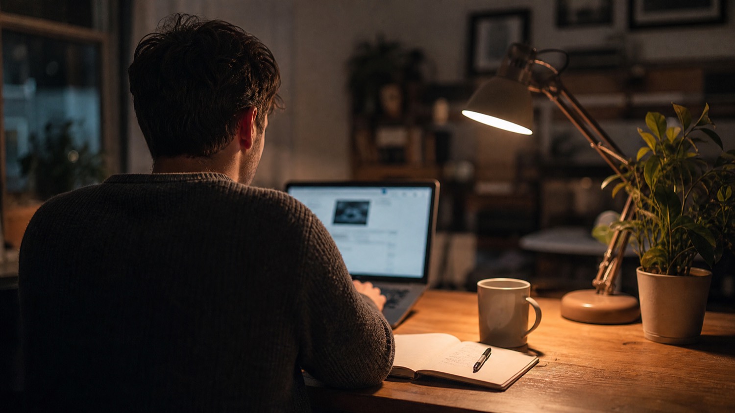 Person working alone at a home desk at night, researching on a laptop by lamplight