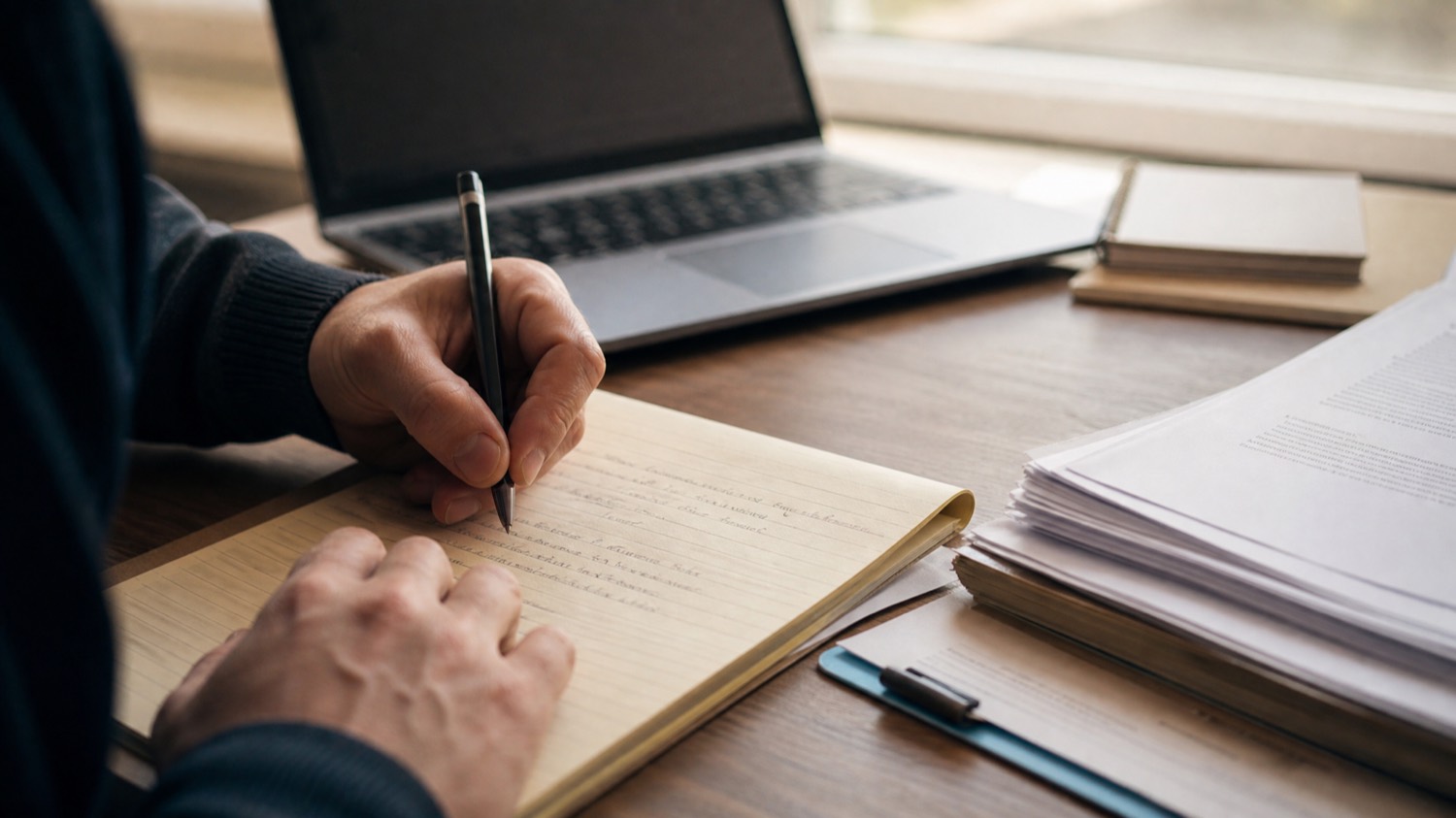 Close view of hands carefully drafting a fresh appeal on paper beside a folder of supporting documents