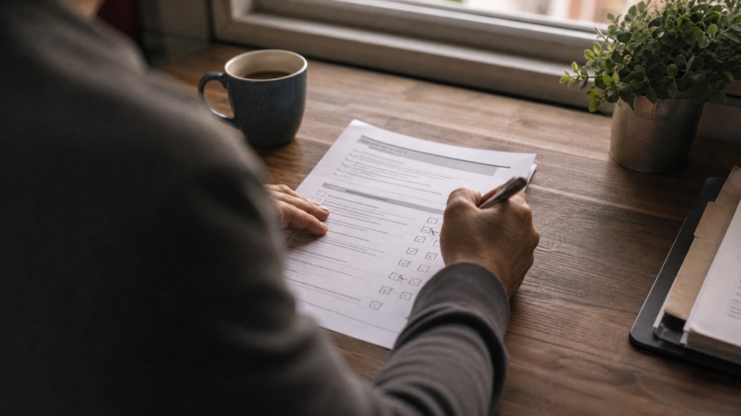 A business owner reviewing their profile details carefully at a desk