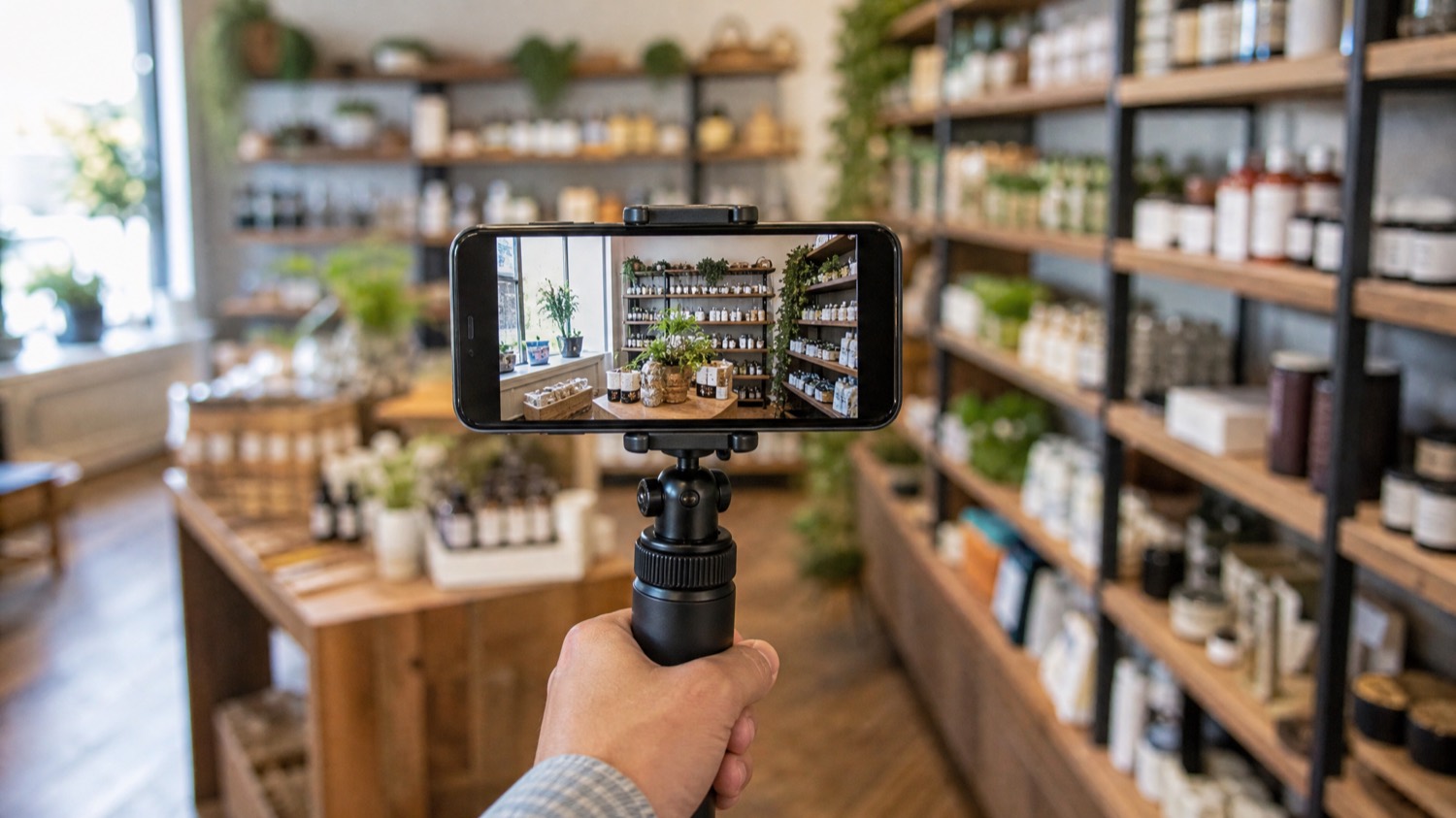 A hand filming a continuous video walkthrough of a small shop interior on a phone mounted to a grip