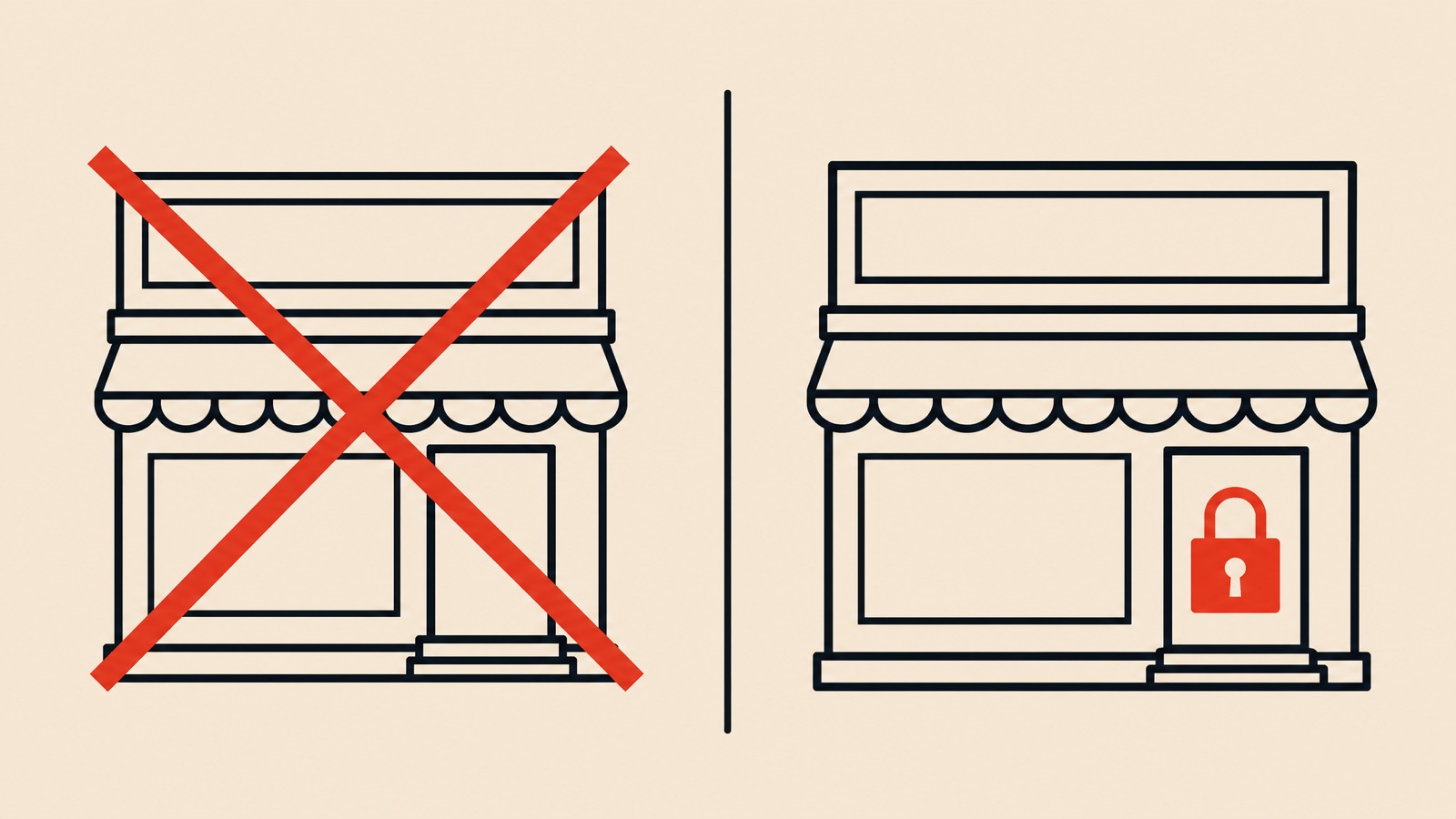 Line illustration contrasting a removed storefront (hard suspension) with a locked one (soft suspension)