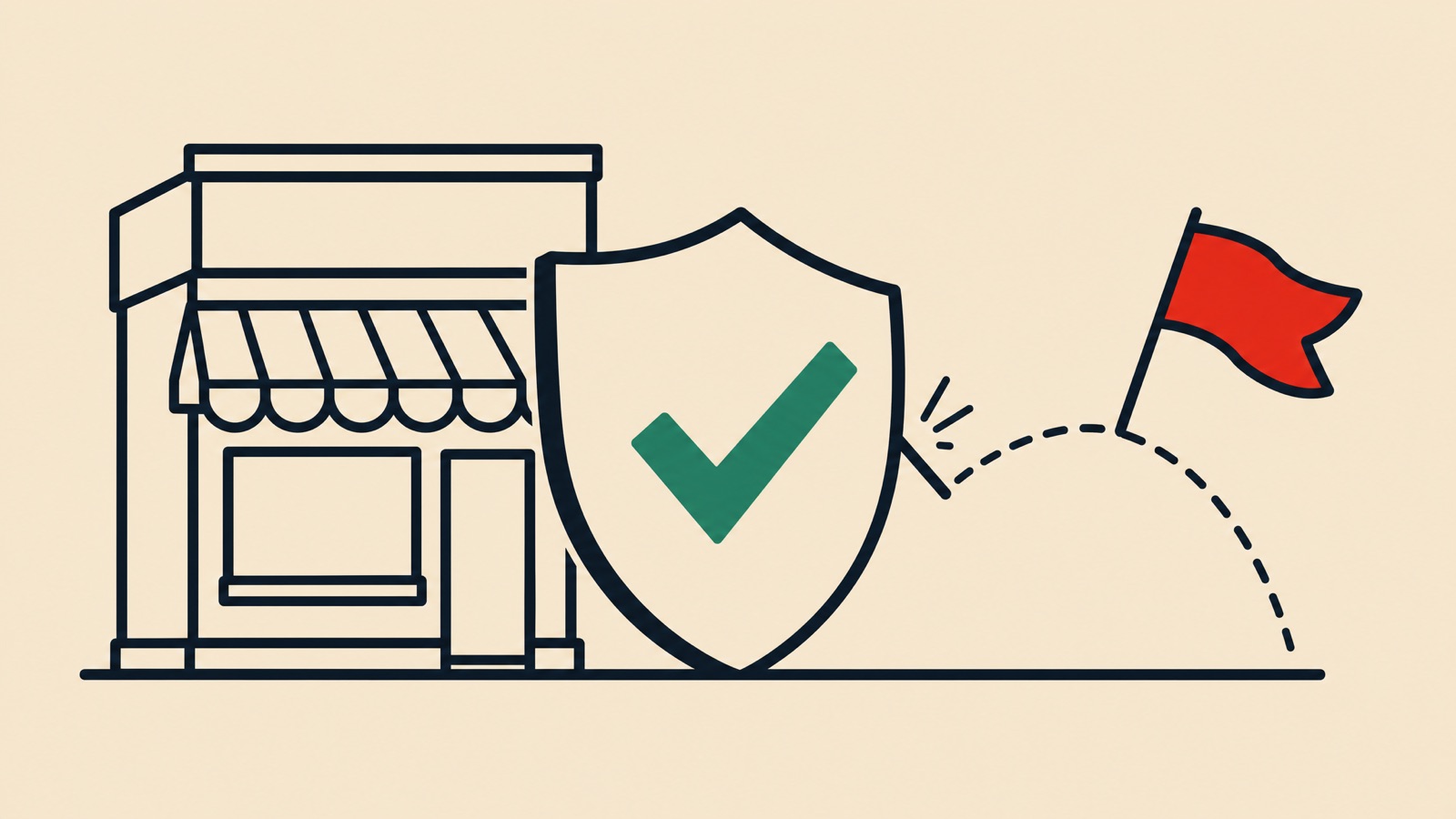 Line illustration of a storefront behind a shield deflecting a red warning, showing suspension prevention