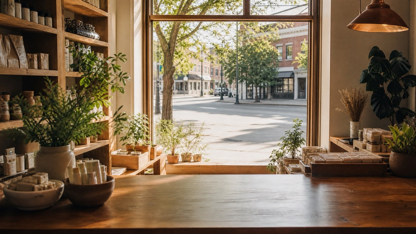 The counter of a small independent business looking out onto a sunlit street