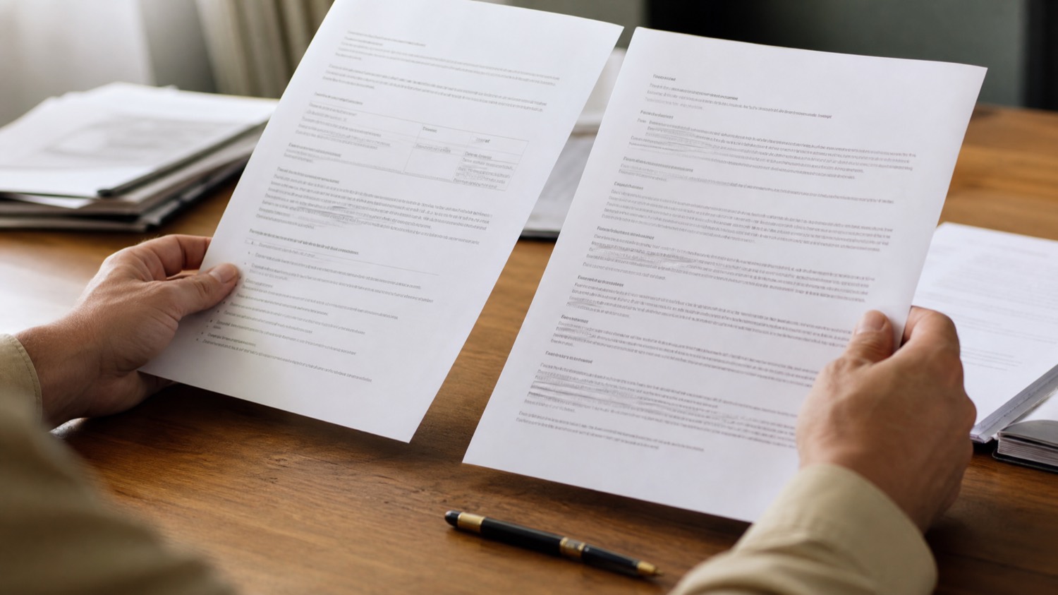 Hands giving a careful second-opinion review of appeal documents before submission