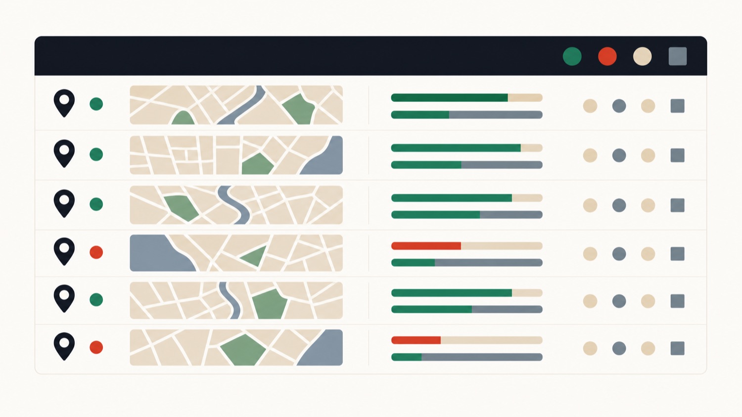 A portfolio health overview across many locations, most marked green with a few flagged red