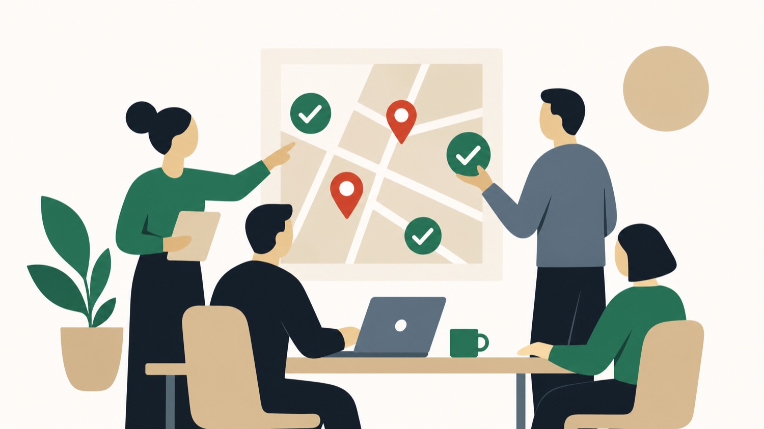 Illustration of the reinstatement team reviewing suspended and restored locations on a map
